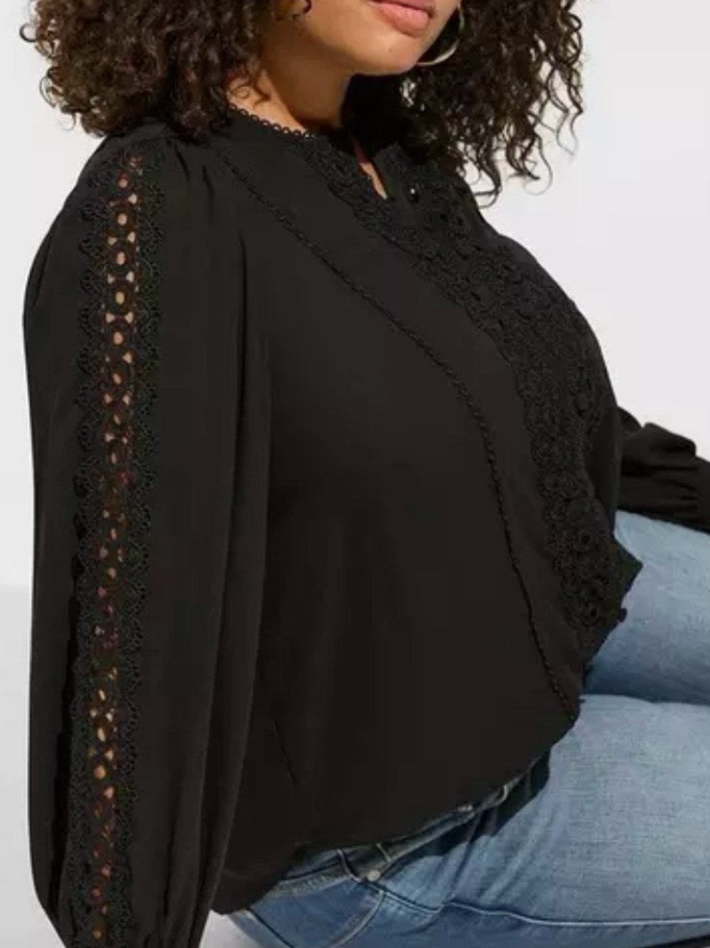 Torrid Georgette Lace Trim Button Up Blouse in Deep Black (3X)